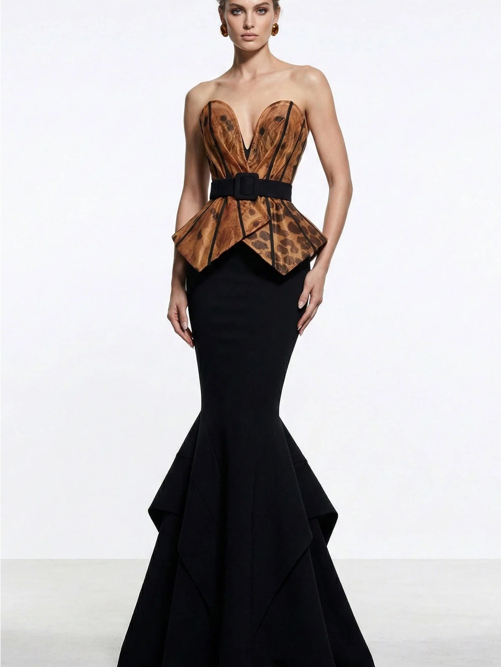 Strapless Leopard-Print Peplum Bodice Black Mermaid Dress